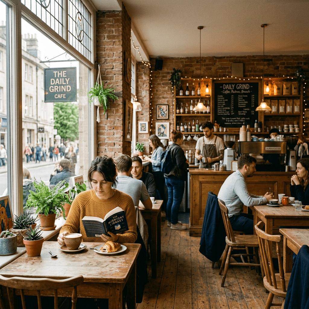 Woman reading book with coffee and croissant at cafe table